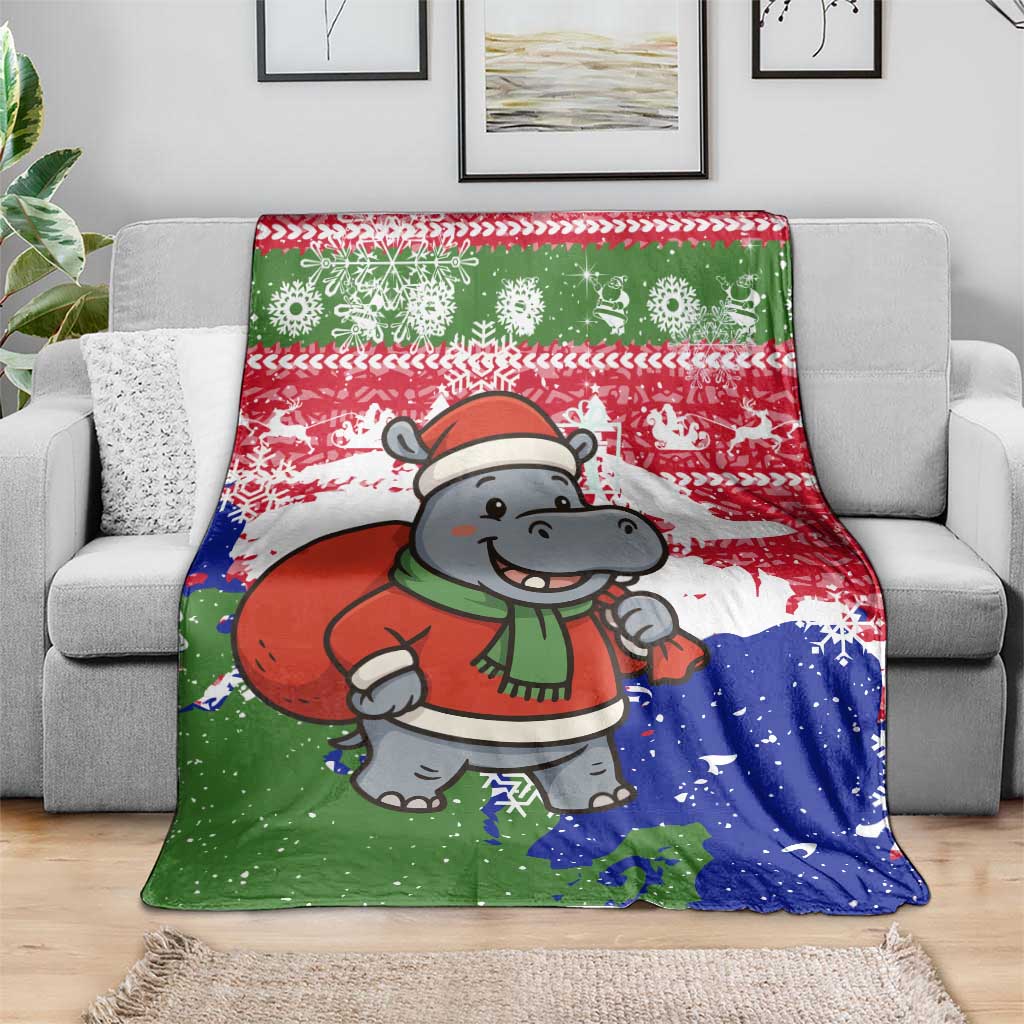 Gambia Christmas Blanket with Santa Hippo National Coat of Arms Snowflakes and Festive Holiday - Wonder Print Shop