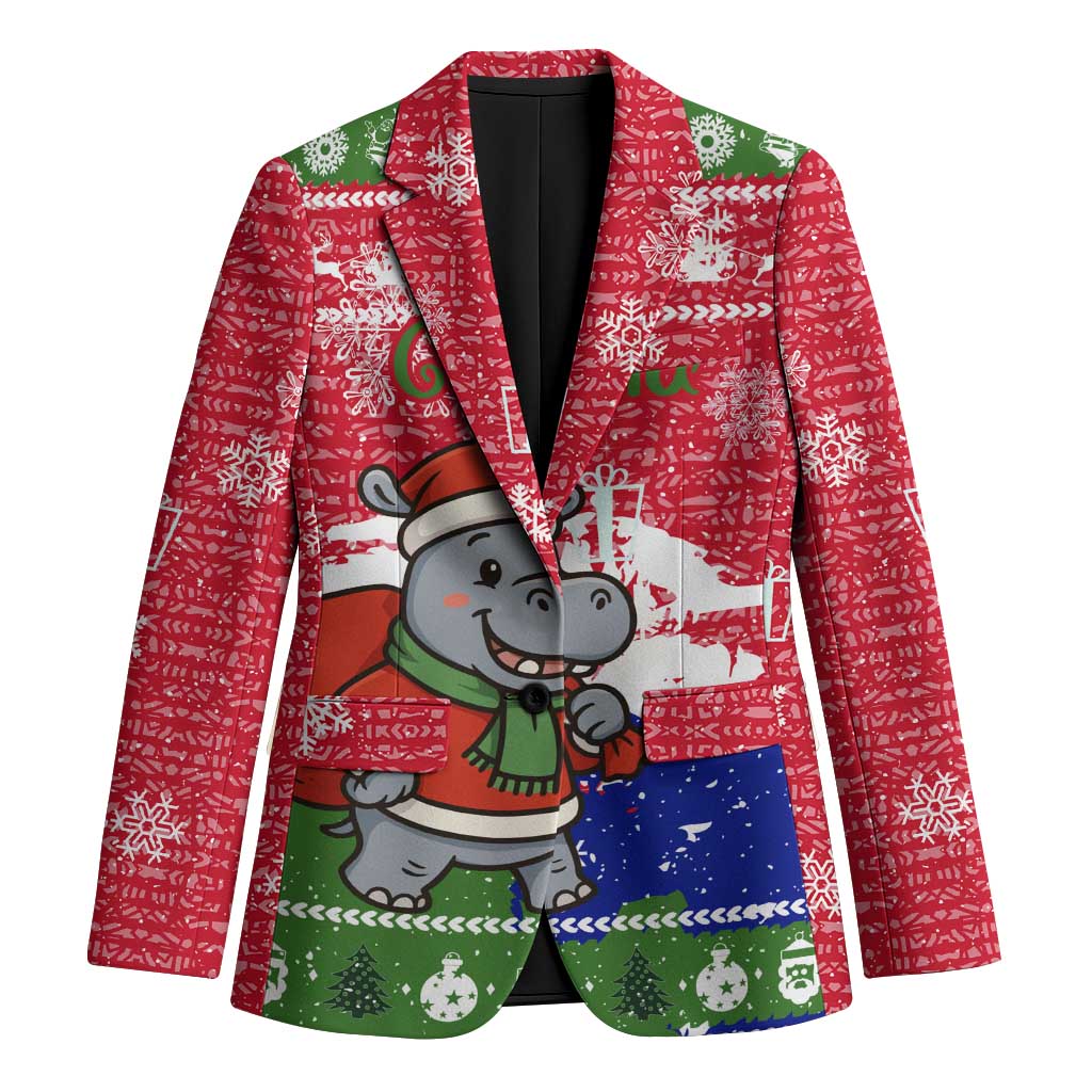 Gambia Christmas Blazer with Santa Hippo National Coat of Arms Snowflakes and Festive Holiday - Wonder Print Shop