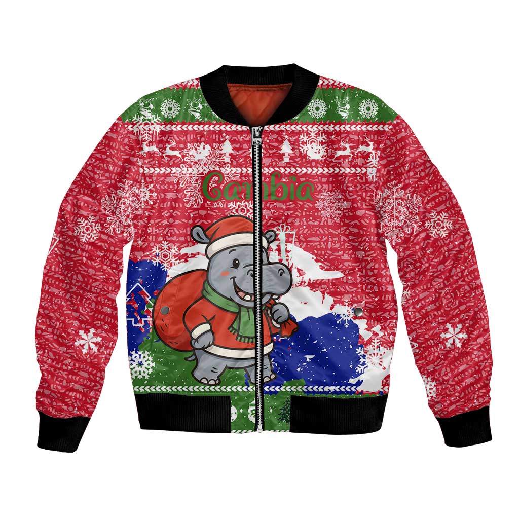 Gambia Christmas Bomber Jacket with Santa Hippo National Coat of Arms Snowflakes and Festive Holiday - Wonder Print Shop