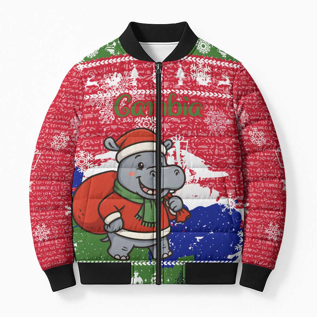 Gambia Christmas Bomber Puffer Jacket with Santa Hippo National Coat of Arms Snowflakes and Festive Holiday - Wonder Print Shop