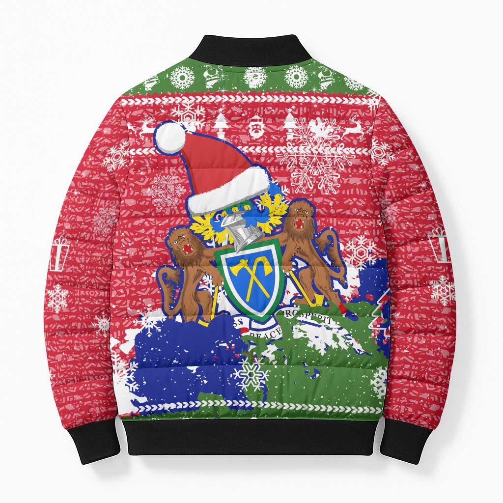 Gambia Christmas Bomber Puffer Jacket with Santa Hippo National Coat of Arms Snowflakes and Festive Holiday - Wonder Print Shop