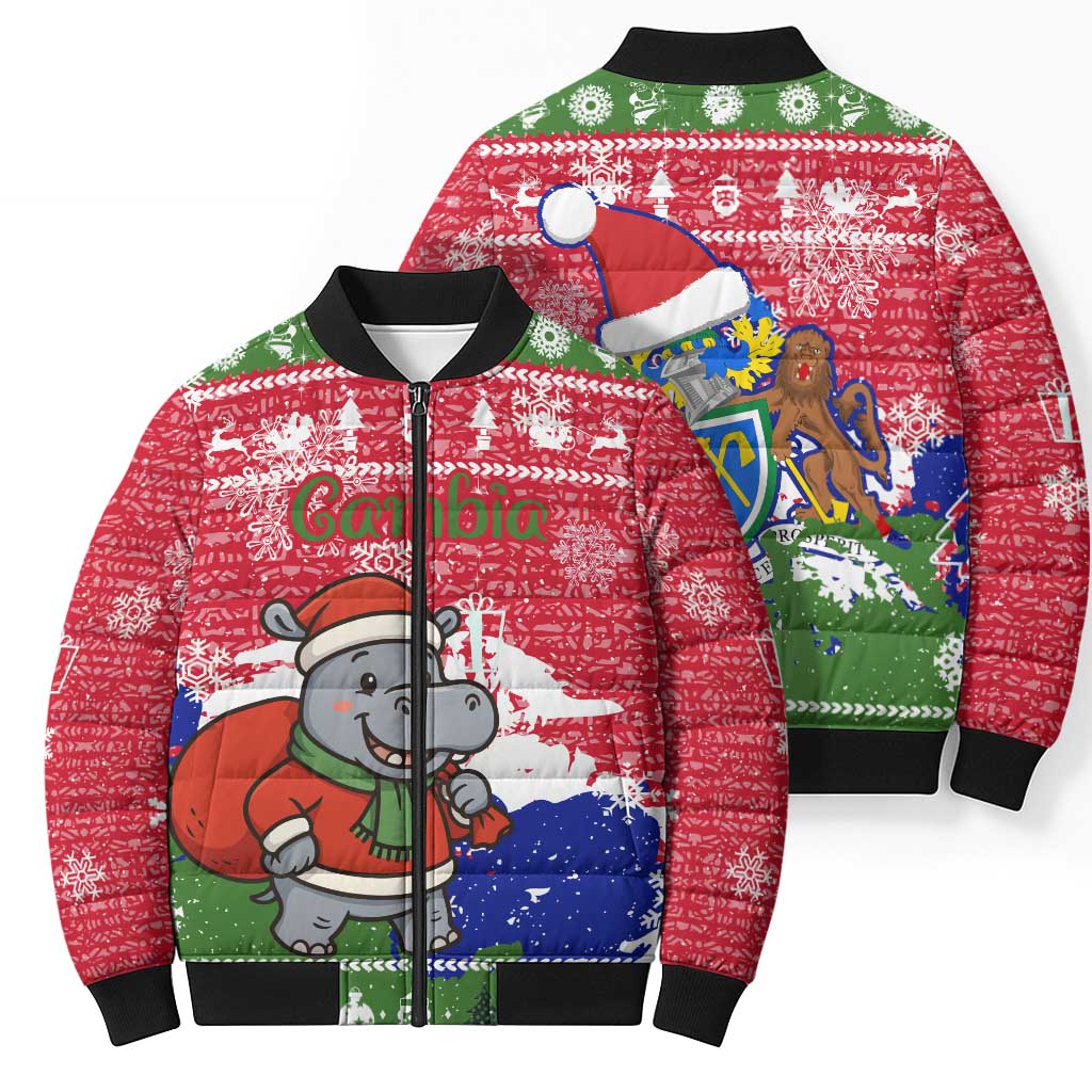 Gambia Christmas Bomber Puffer Jacket with Santa Hippo National Coat of Arms Snowflakes and Festive Holiday - Wonder Print Shop