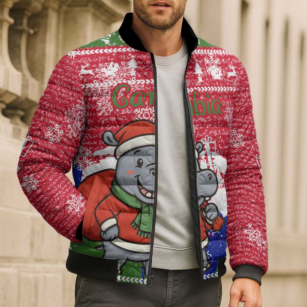 Gambia Christmas Bomber Puffer Jacket with Santa Hippo National Coat of Arms Snowflakes and Festive Holiday - Wonder Print Shop