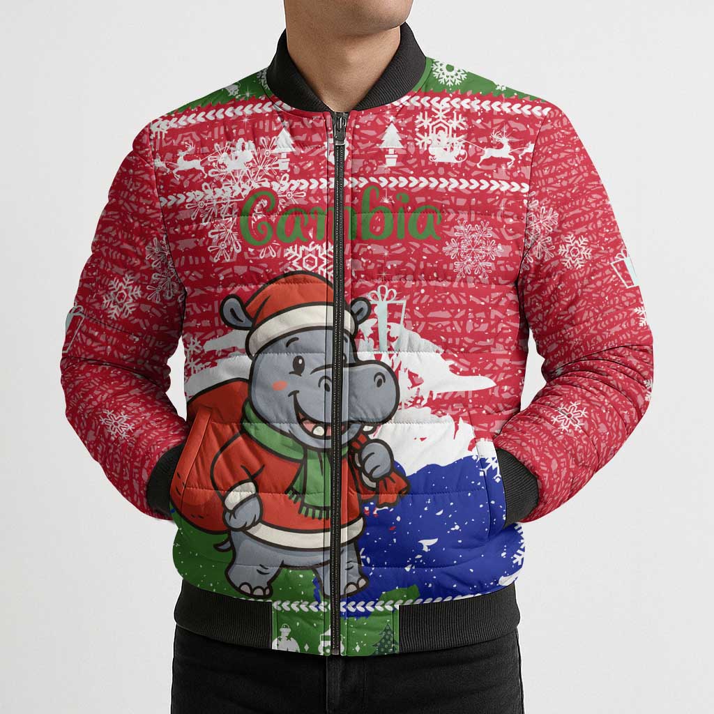 Gambia Christmas Bomber Puffer Jacket with Santa Hippo National Coat of Arms Snowflakes and Festive Holiday - Wonder Print Shop
