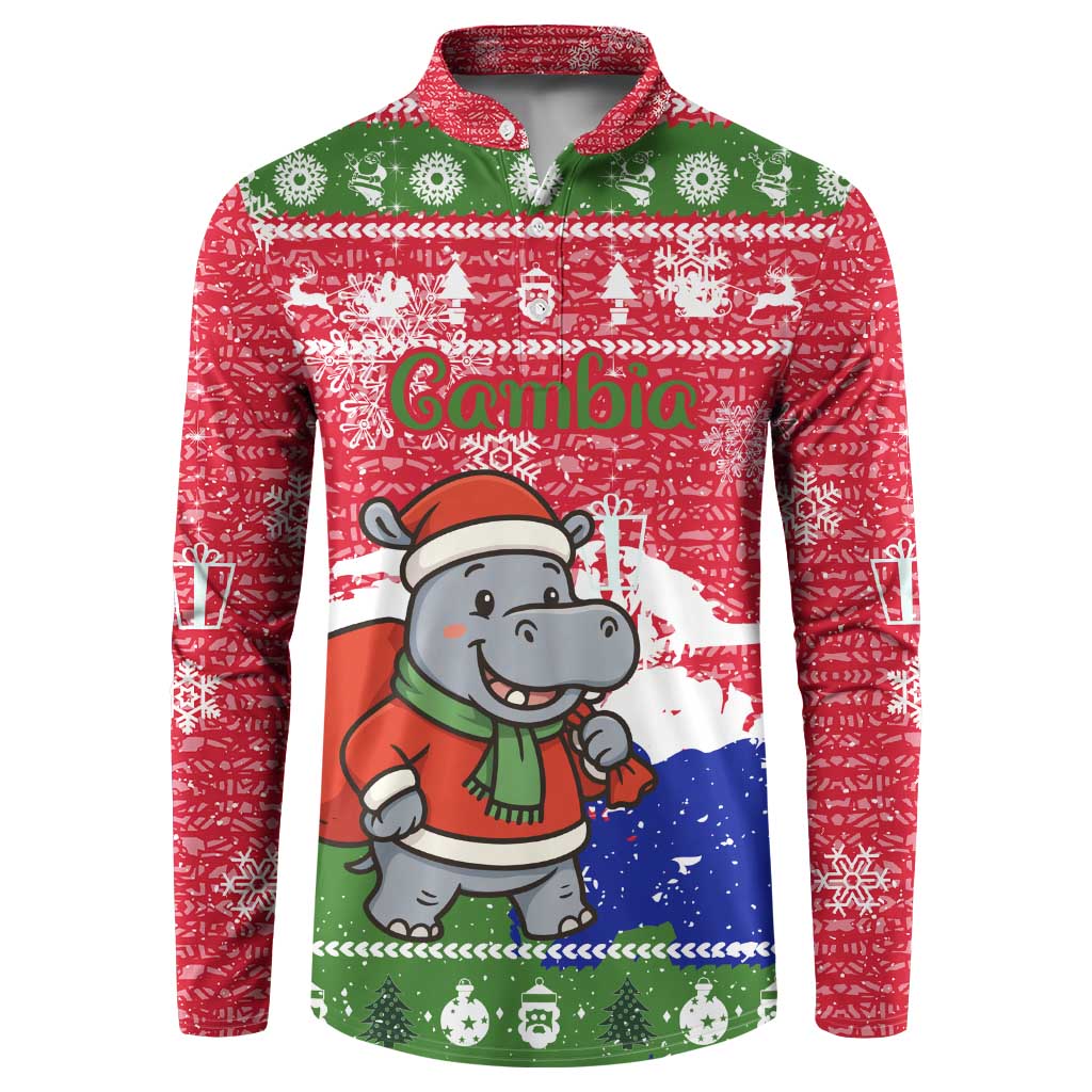 Gambia Christmas Button Sweatshirt with Santa Hippo National Coat of Arms Snowflakes and Festive Holiday - Wonder Print Shop