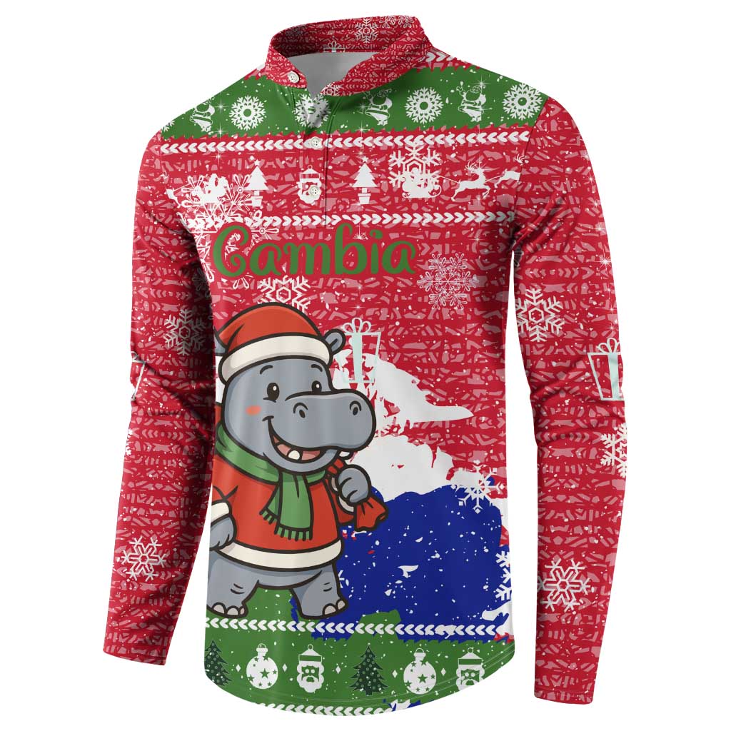 Gambia Christmas Button Sweatshirt with Santa Hippo National Coat of Arms Snowflakes and Festive Holiday - Wonder Print Shop