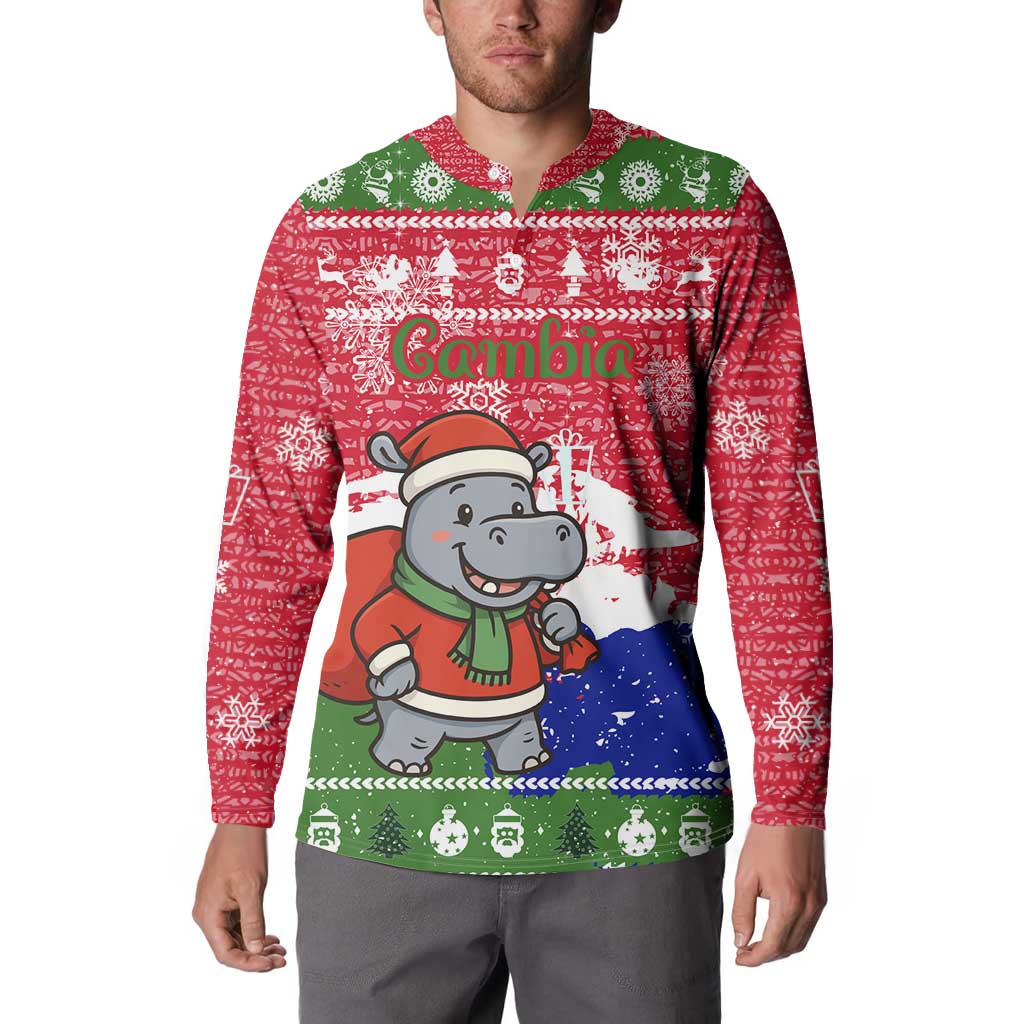 Gambia Christmas Button Sweatshirt with Santa Hippo National Coat of Arms Snowflakes and Festive Holiday - Wonder Print Shop