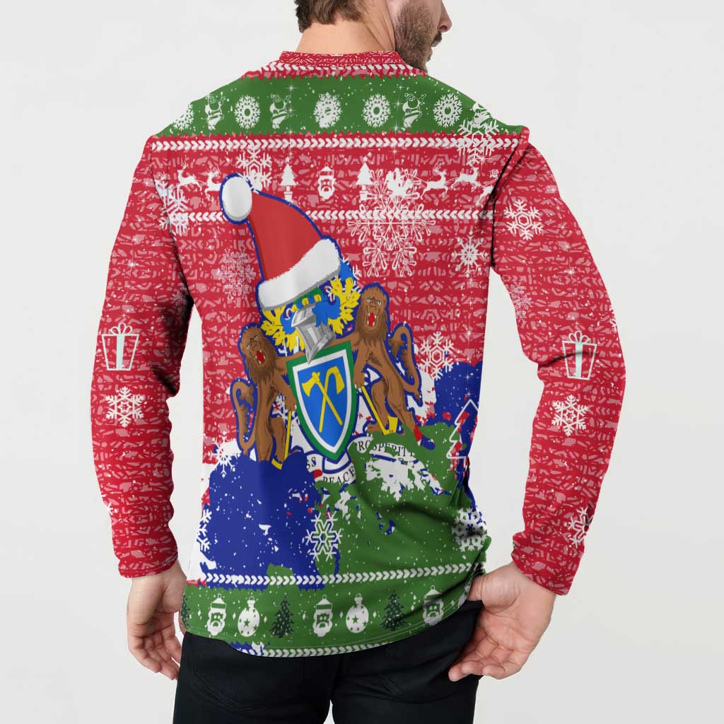 Gambia Christmas Button Sweatshirt with Santa Hippo National Coat of Arms Snowflakes and Festive Holiday - Wonder Print Shop