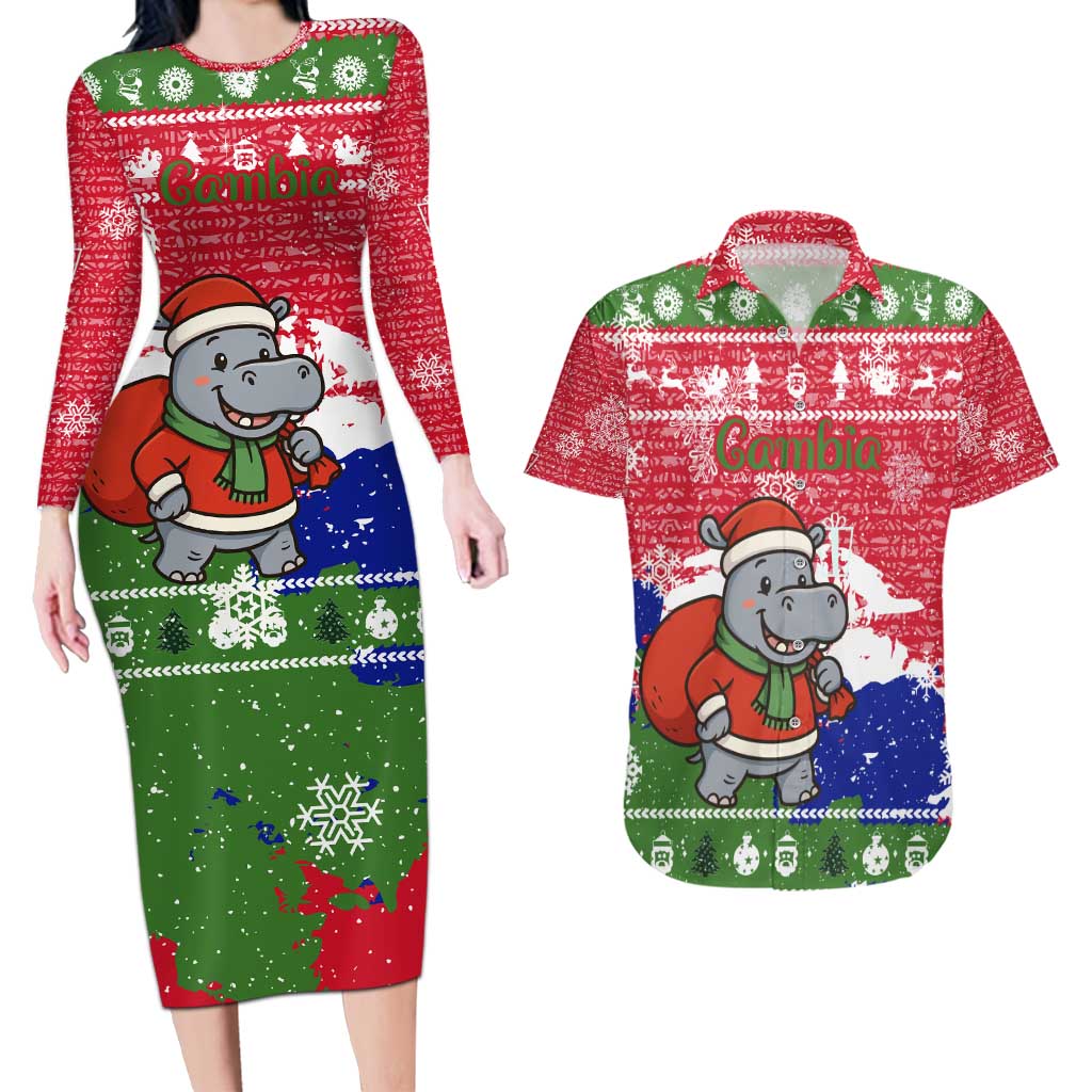 Gambia Christmas Couples Matching Long Sleeve Bodycon Dress and Hawaiian Shirt with Santa Hippo National Coat of Arms Snowflakes and Festive Holiday - Wonder Print Shop