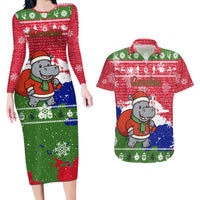Gambia Christmas Couples Matching Long Sleeve Bodycon Dress and Hawaiian Shirt with Santa Hippo National Coat of Arms Snowflakes and Festive Holiday - Wonder Print Shop