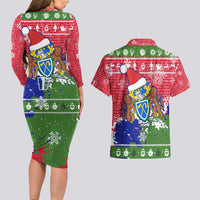 Gambia Christmas Couples Matching Long Sleeve Bodycon Dress and Hawaiian Shirt with Santa Hippo National Coat of Arms Snowflakes and Festive Holiday - Wonder Print Shop