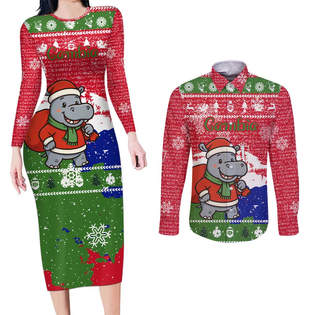 Gambia Christmas Couples Matching Long Sleeve Bodycon Dress and Long Sleeve Button Shirt with Santa Hippo National Coat of Arms Snowflakes and Festive Holiday - Wonder Print Shop