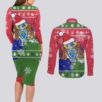 Gambia Christmas Couples Matching Long Sleeve Bodycon Dress and Long Sleeve Button Shirt with Santa Hippo National Coat of Arms Snowflakes and Festive Holiday - Wonder Print Shop
