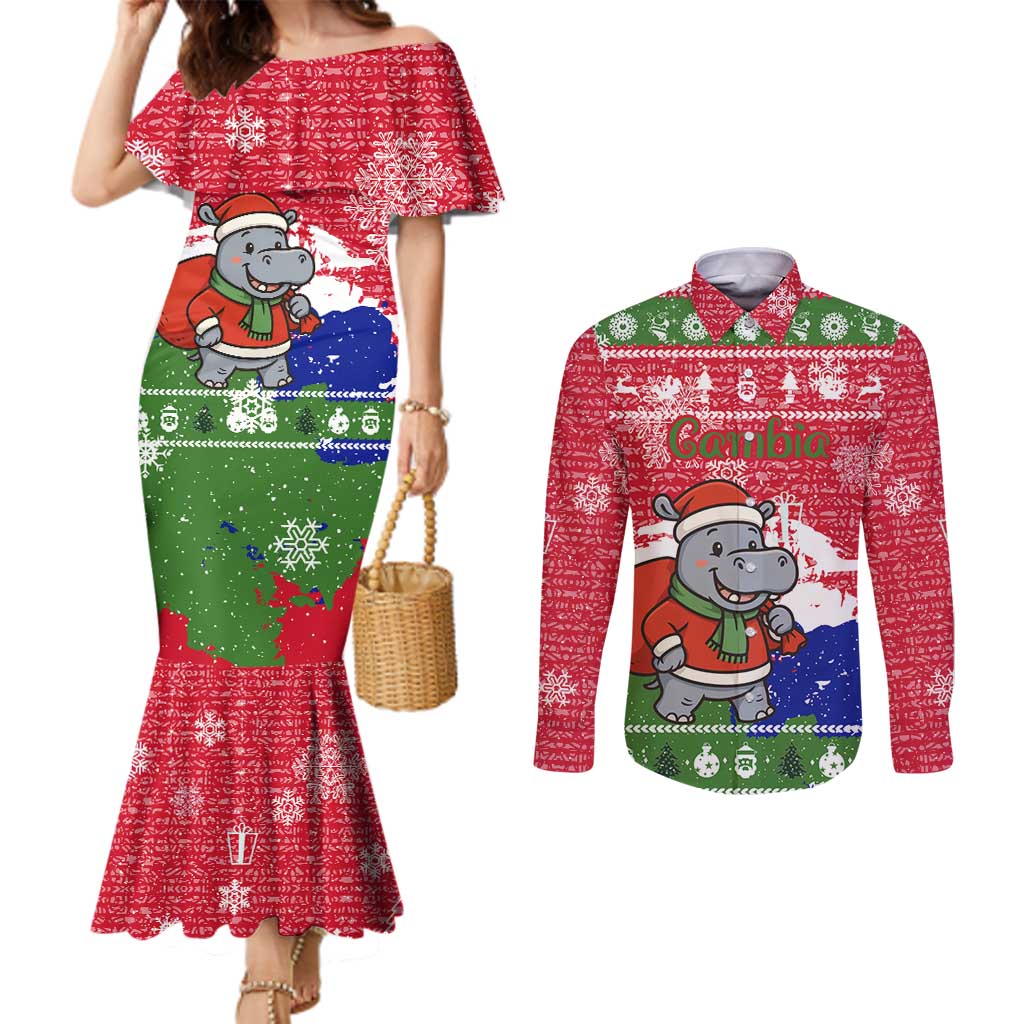 Gambia Christmas Couples Matching Mermaid Dress and Long Sleeve Button Shirt with Santa Hippo National Coat of Arms Snowflakes and Festive Holiday - Wonder Print Shop