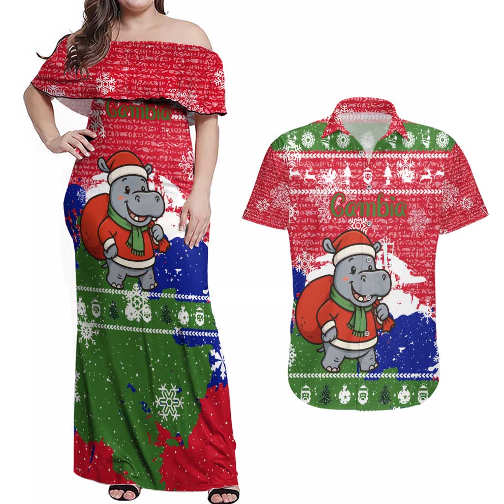 Gambia Christmas Couples Matching Off Shoulder Maxi Dress and Hawaiian Shirt with Santa Hippo National Coat of Arms Snowflakes and Festive Holiday - Wonder Print Shop