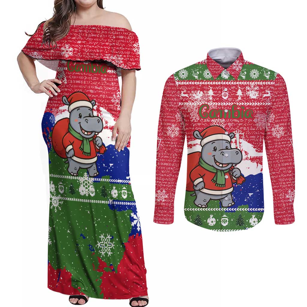 Gambia Christmas Couples Matching Off Shoulder Maxi Dress and Long Sleeve Button Shirt with Santa Hippo National Coat of Arms Snowflakes and Festive Holiday - Wonder Print Shop