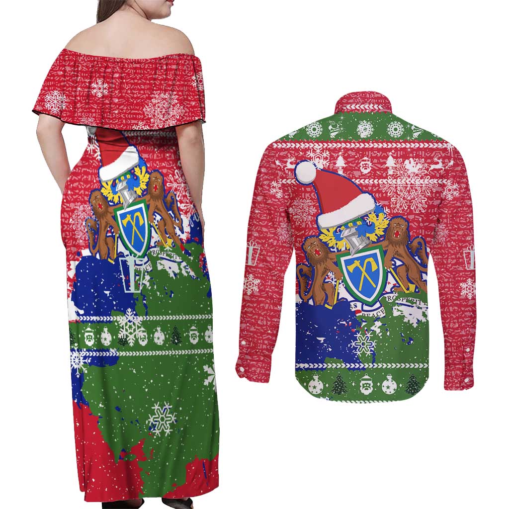 Gambia Christmas Couples Matching Off Shoulder Maxi Dress and Long Sleeve Button Shirt with Santa Hippo National Coat of Arms Snowflakes and Festive Holiday - Wonder Print Shop
