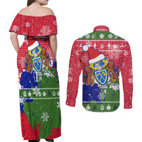 Gambia Christmas Couples Matching Off Shoulder Maxi Dress and Long Sleeve Button Shirt with Santa Hippo National Coat of Arms Snowflakes and Festive Holiday - Wonder Print Shop