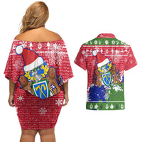 Gambia Christmas Couples Matching Off Shoulder Short Dress and Hawaiian Shirt with Santa Hippo National Coat of Arms Snowflakes and Festive Holiday - Wonder Print Shop