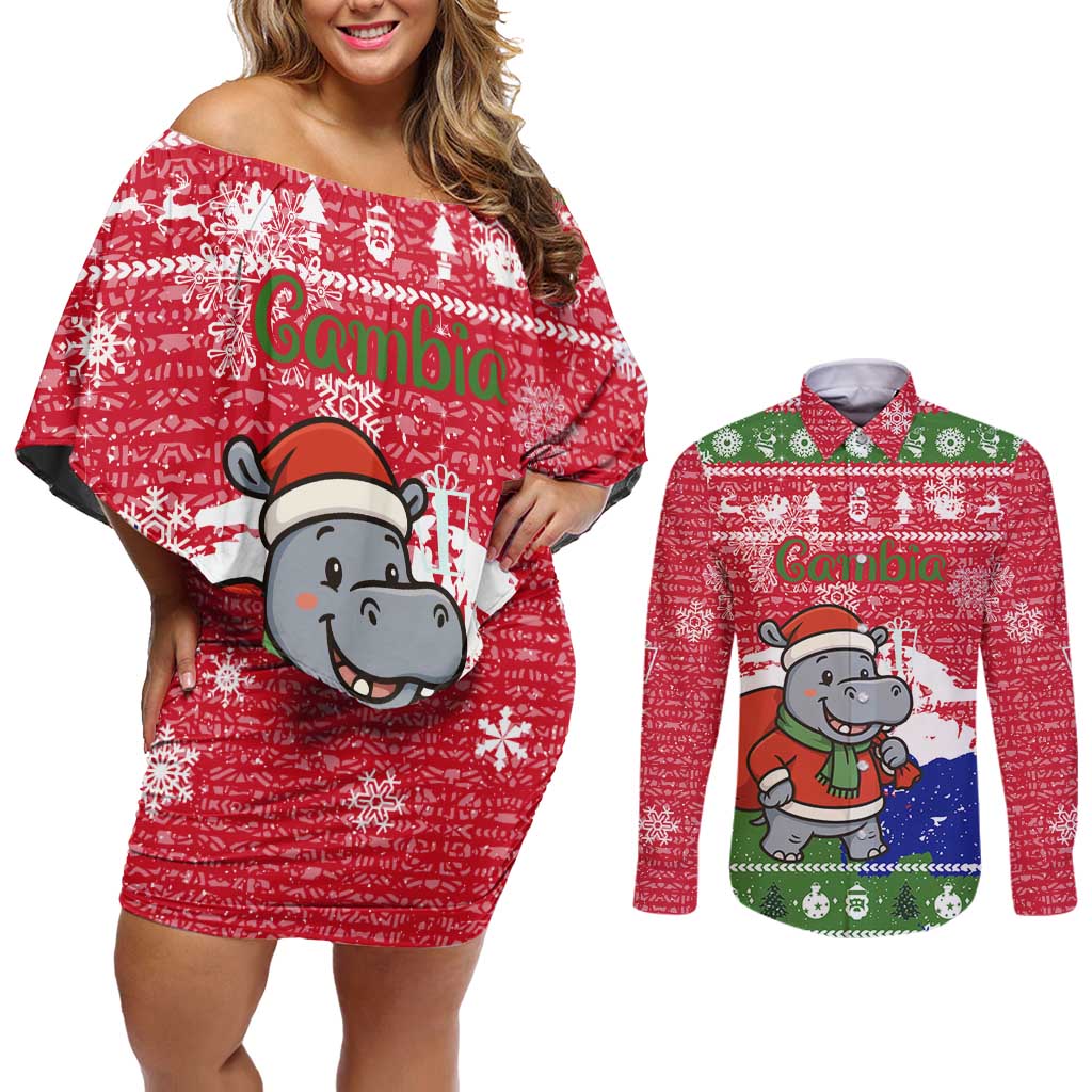Gambia Christmas Couples Matching Off Shoulder Short Dress and Long Sleeve Button Shirt with Santa Hippo National Coat of Arms Snowflakes and Festive Holiday - Wonder Print Shop