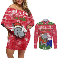 Gambia Christmas Couples Matching Off Shoulder Short Dress and Long Sleeve Button Shirt with Santa Hippo National Coat of Arms Snowflakes and Festive Holiday - Wonder Print Shop