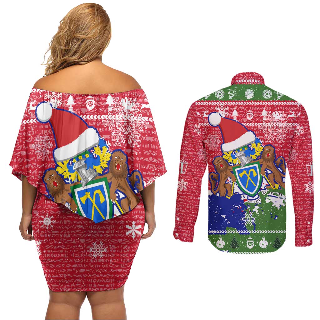 Gambia Christmas Couples Matching Off Shoulder Short Dress and Long Sleeve Button Shirt with Santa Hippo National Coat of Arms Snowflakes and Festive Holiday - Wonder Print Shop