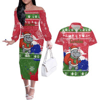 Gambia Christmas Couples Matching Off The Shoulder Long Sleeve Dress and Hawaiian Shirt with Santa Hippo National Coat of Arms Snowflakes and Festive Holiday - Wonder Print Shop