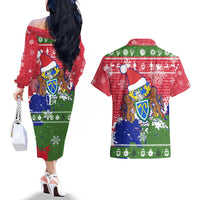 Gambia Christmas Couples Matching Off The Shoulder Long Sleeve Dress and Hawaiian Shirt with Santa Hippo National Coat of Arms Snowflakes and Festive Holiday - Wonder Print Shop