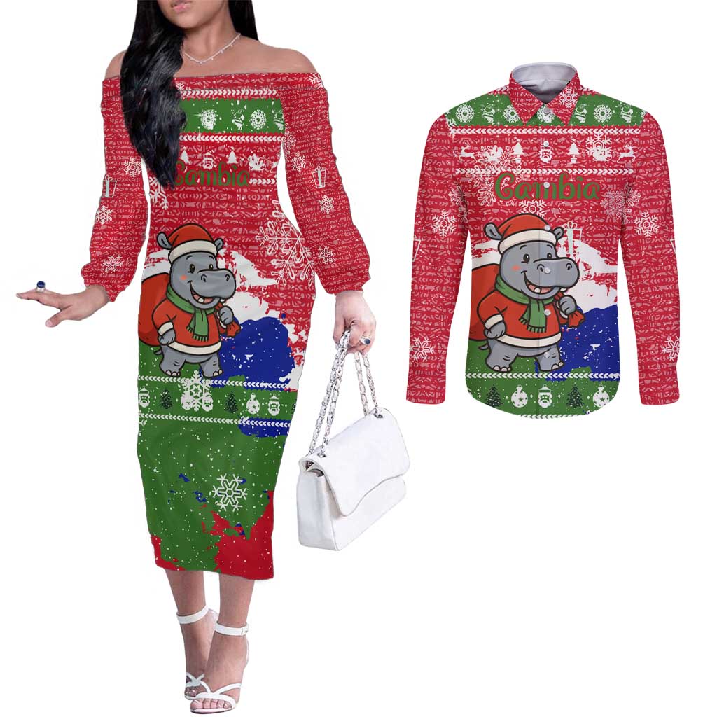 Gambia Christmas Couples Matching Off The Shoulder Long Sleeve Dress and Long Sleeve Button Shirt with Santa Hippo National Coat of Arms Snowflakes and Festive Holiday - Wonder Print Shop