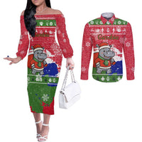 Gambia Christmas Couples Matching Off The Shoulder Long Sleeve Dress and Long Sleeve Button Shirt with Santa Hippo National Coat of Arms Snowflakes and Festive Holiday - Wonder Print Shop