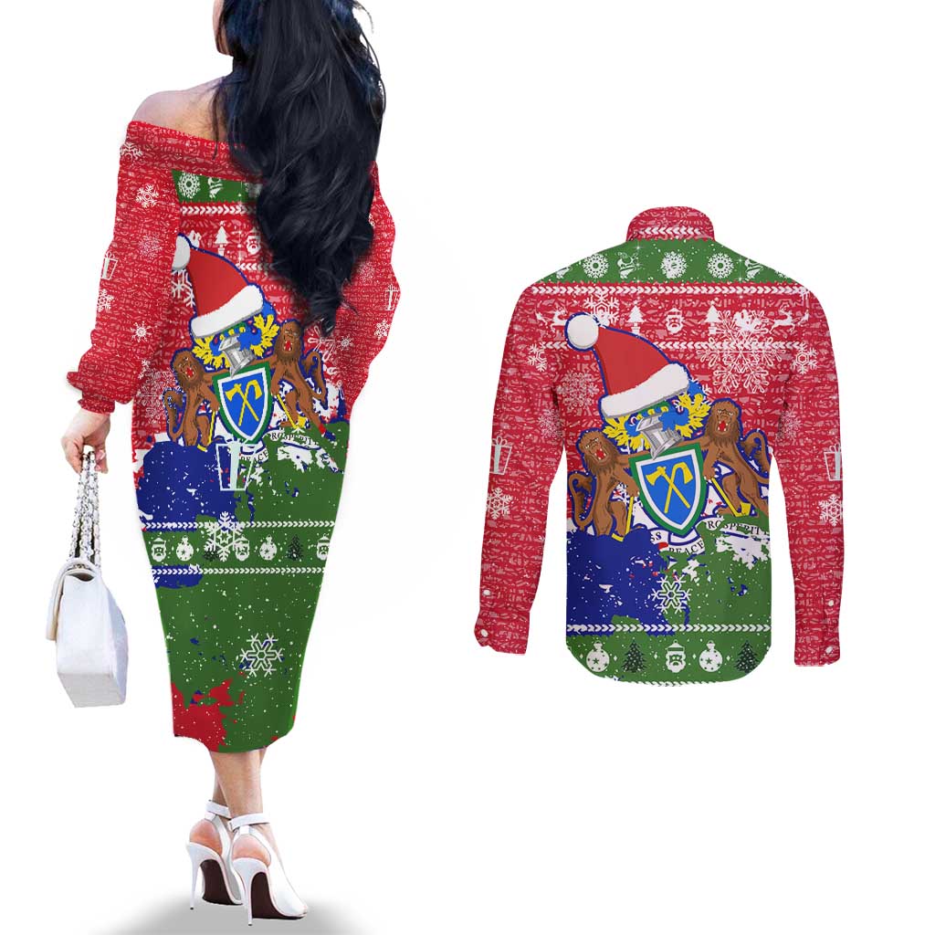 Gambia Christmas Couples Matching Off The Shoulder Long Sleeve Dress and Long Sleeve Button Shirt with Santa Hippo National Coat of Arms Snowflakes and Festive Holiday - Wonder Print Shop