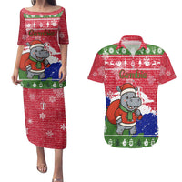 Gambia Christmas Couples Matching Puletasi and Hawaiian Shirt with Santa Hippo National Coat of Arms Snowflakes and Festive Holiday - Wonder Print Shop
