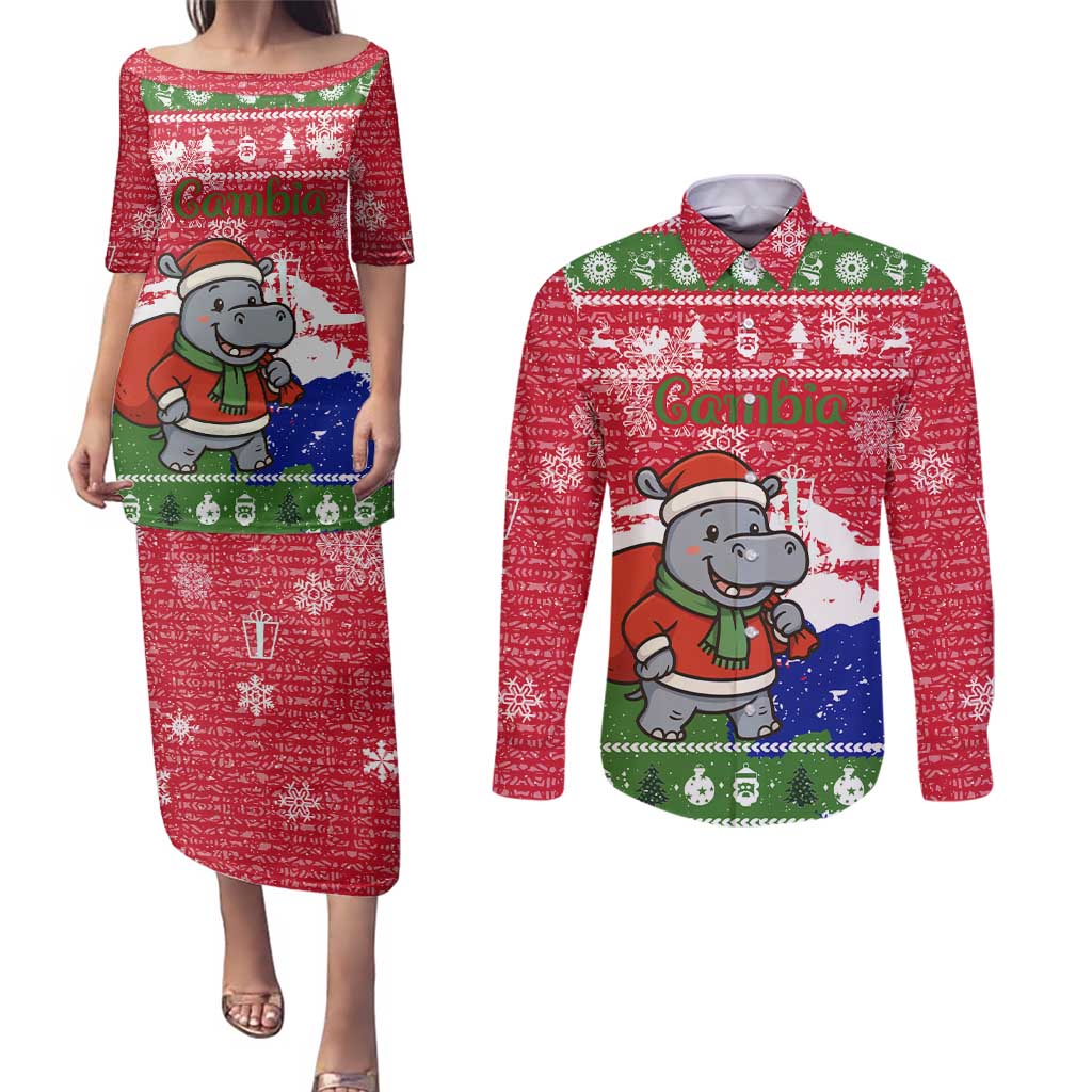 Gambia Christmas Couples Matching Puletasi and Long Sleeve Button Shirt with Santa Hippo National Coat of Arms Snowflakes and Festive Holiday - Wonder Print Shop