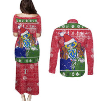 Gambia Christmas Couples Matching Puletasi and Long Sleeve Button Shirt with Santa Hippo National Coat of Arms Snowflakes and Festive Holiday - Wonder Print Shop