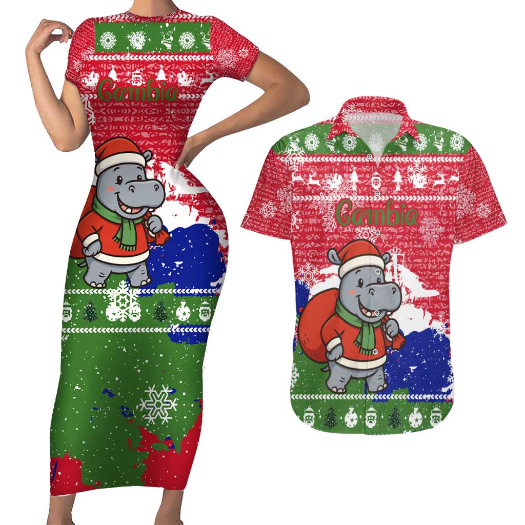 Gambia Christmas Couples Matching Short Sleeve Bodycon Dress and Hawaiian Shirt with Santa Hippo National Coat of Arms Snowflakes and Festive Holiday - Wonder Print Shop