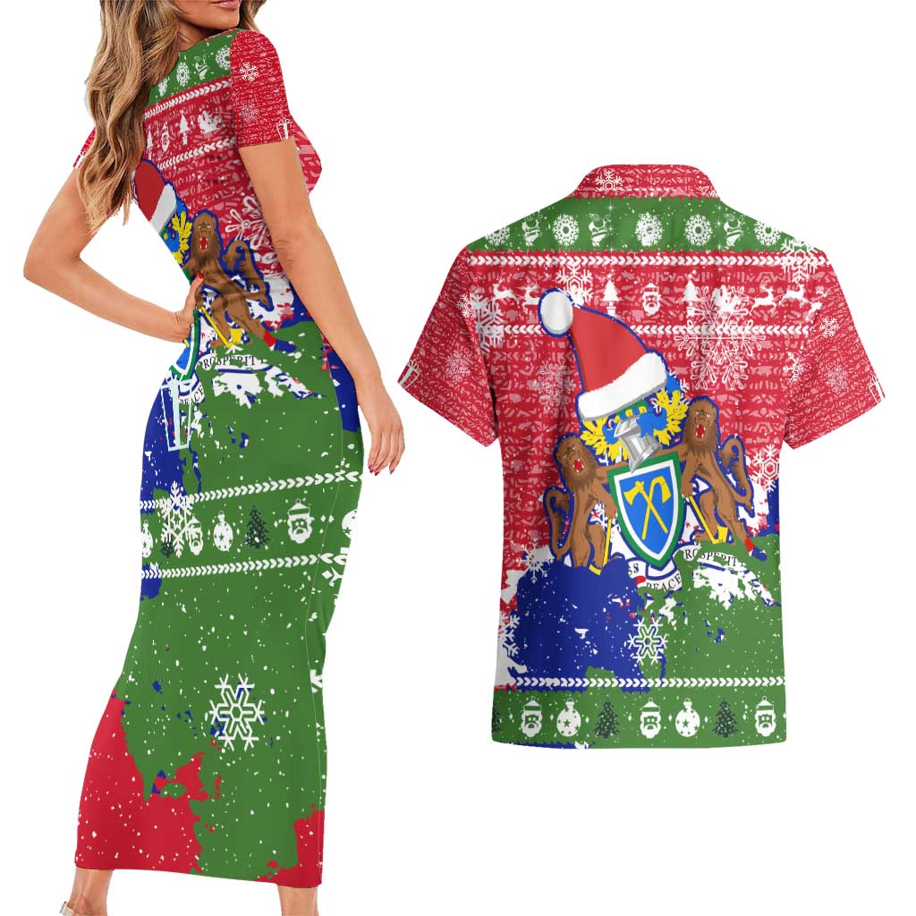 Gambia Christmas Couples Matching Short Sleeve Bodycon Dress and Hawaiian Shirt with Santa Hippo National Coat of Arms Snowflakes and Festive Holiday - Wonder Print Shop