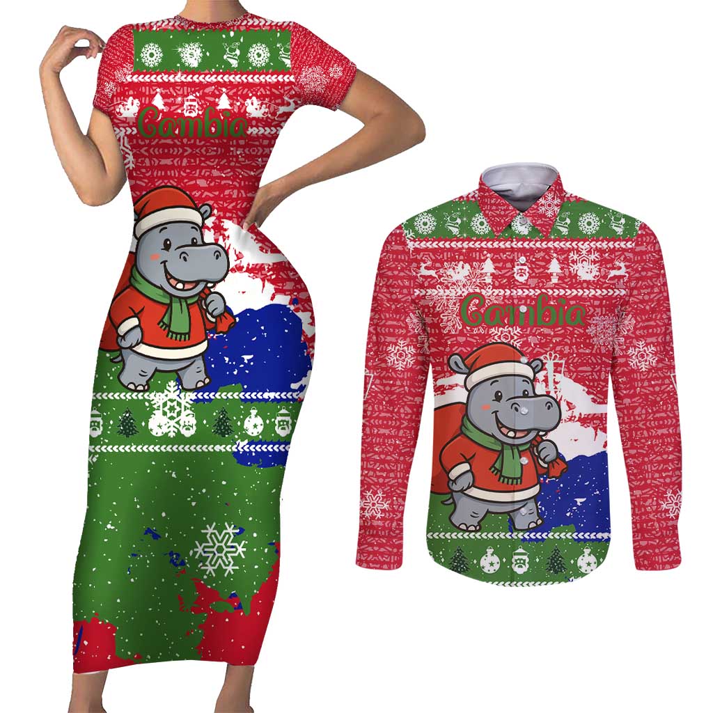 Gambia Christmas Couples Matching Short Sleeve Bodycon Dress and Long Sleeve Button Shirt with Santa Hippo National Coat of Arms Snowflakes and Festive Holiday - Wonder Print Shop