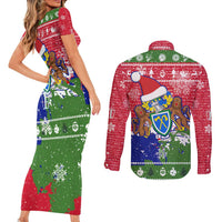 Gambia Christmas Couples Matching Short Sleeve Bodycon Dress and Long Sleeve Button Shirt with Santa Hippo National Coat of Arms Snowflakes and Festive Holiday - Wonder Print Shop