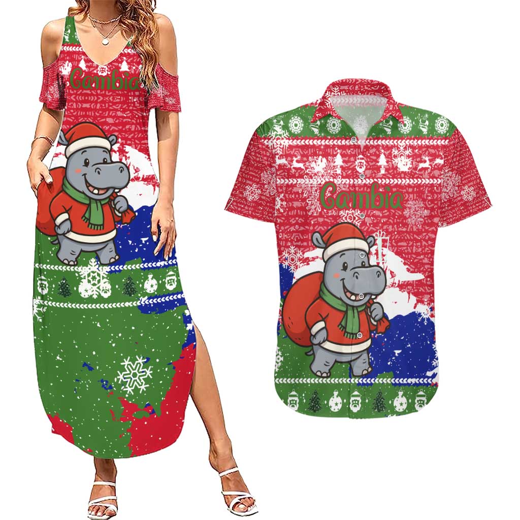 Gambia Christmas Couples Matching Summer Maxi Dress and Hawaiian Shirt with Santa Hippo National Coat of Arms Snowflakes and Festive Holiday - Wonder Print Shop