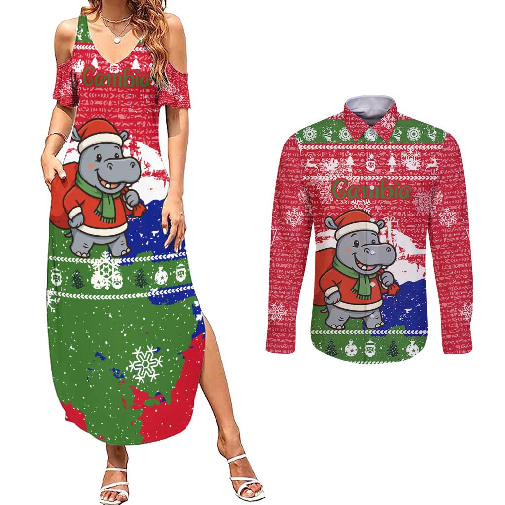 Gambia Christmas Couples Matching Summer Maxi Dress and Long Sleeve Button Shirt with Santa Hippo National Coat of Arms Snowflakes and Festive Holiday - Wonder Print Shop