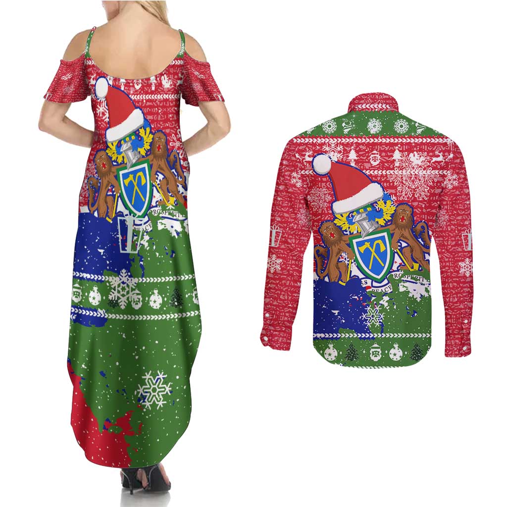 Gambia Christmas Couples Matching Summer Maxi Dress and Long Sleeve Button Shirt with Santa Hippo National Coat of Arms Snowflakes and Festive Holiday - Wonder Print Shop
