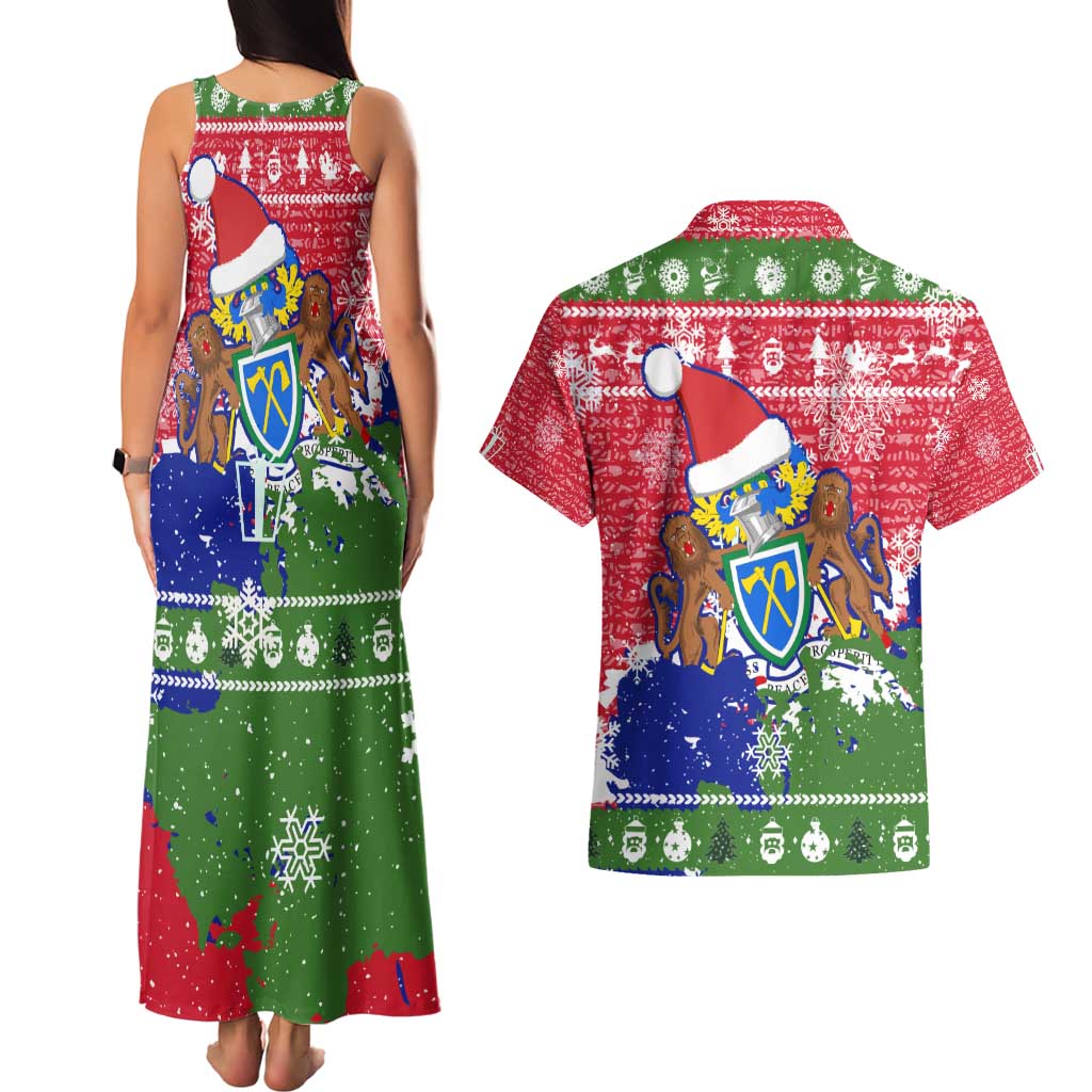 Gambia Christmas Couples Matching Tank Maxi Dress and Hawaiian Shirt with Santa Hippo National Coat of Arms Snowflakes and Festive Holiday - Wonder Print Shop