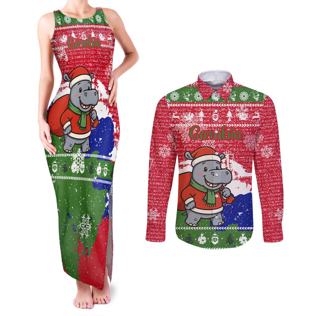 Gambia Christmas Couples Matching Tank Maxi Dress and Long Sleeve Button Shirt with Santa Hippo National Coat of Arms Snowflakes and Festive Holiday - Wonder Print Shop