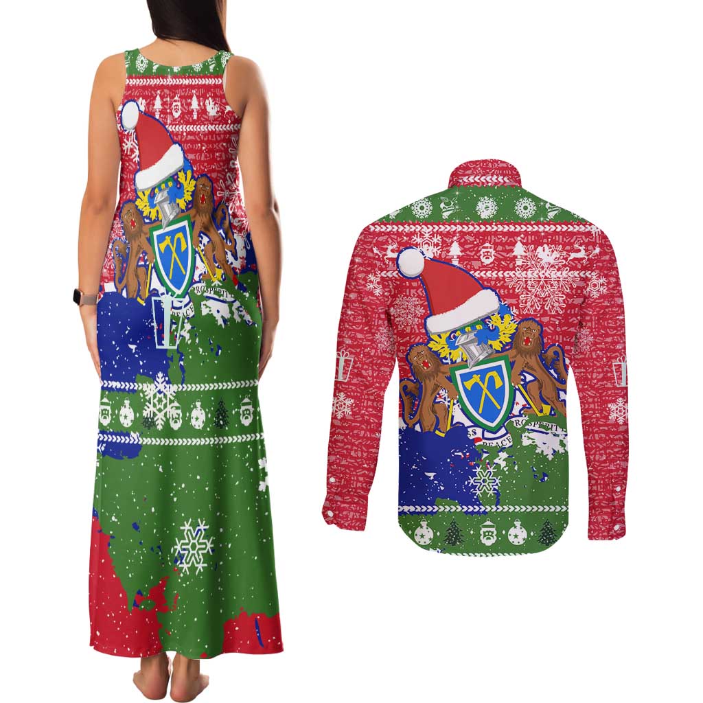 Gambia Christmas Couples Matching Tank Maxi Dress and Long Sleeve Button Shirt with Santa Hippo National Coat of Arms Snowflakes and Festive Holiday - Wonder Print Shop