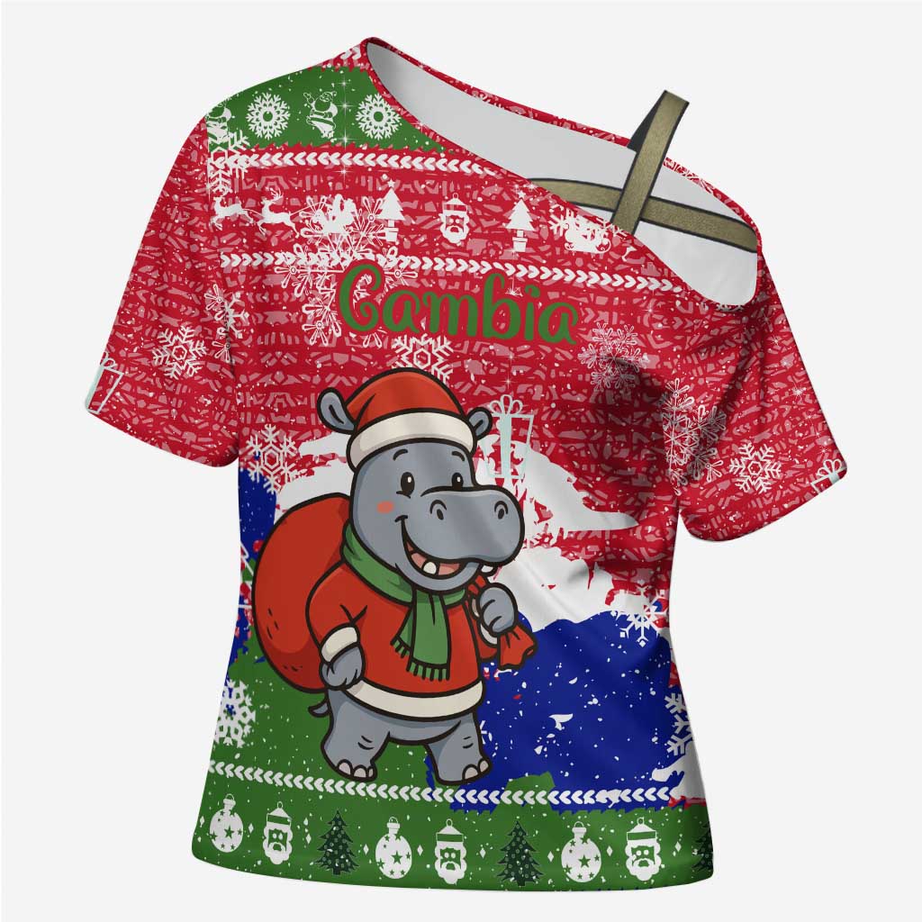 Gambia Christmas Cross Shoulder Shirt with Santa Hippo National Coat of Arms Snowflakes and Festive Holiday - Wonder Print Shop