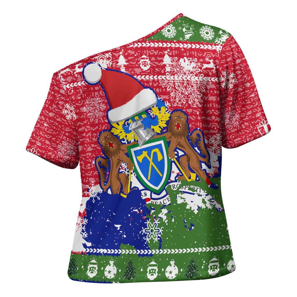 Gambia Christmas Cross Shoulder Shirt with Santa Hippo National Coat of Arms Snowflakes and Festive Holiday - Wonder Print Shop