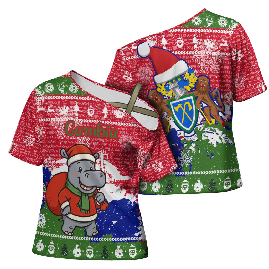 Gambia Christmas Cross Shoulder Shirt with Santa Hippo National Coat of Arms Snowflakes and Festive Holiday - Wonder Print Shop