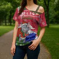 Gambia Christmas Cross Shoulder Shirt with Santa Hippo National Coat of Arms Snowflakes and Festive Holiday - Wonder Print Shop