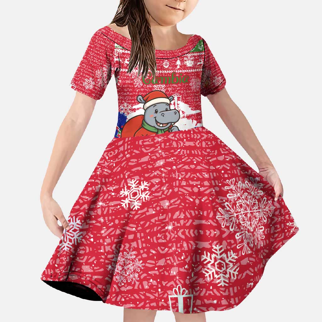 Gambia Christmas Family Matching Long Sleeve Bodycon Dress and Hawaiian Shirt with Santa Hippo National Coat of Arms Snowflakes and Festive Holiday - Wonder Print Shop