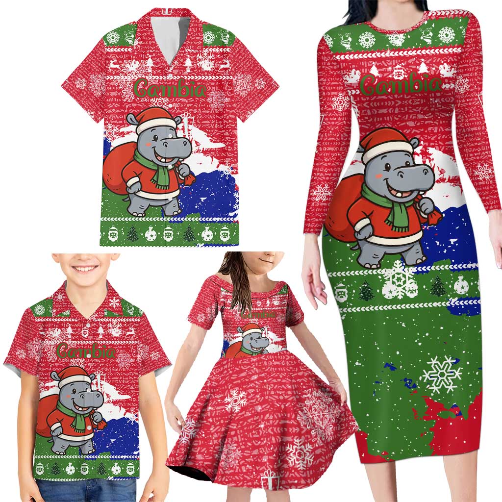 Gambia Christmas Family Matching Long Sleeve Bodycon Dress and Hawaiian Shirt with Santa Hippo National Coat of Arms Snowflakes and Festive Holiday - Wonder Print Shop